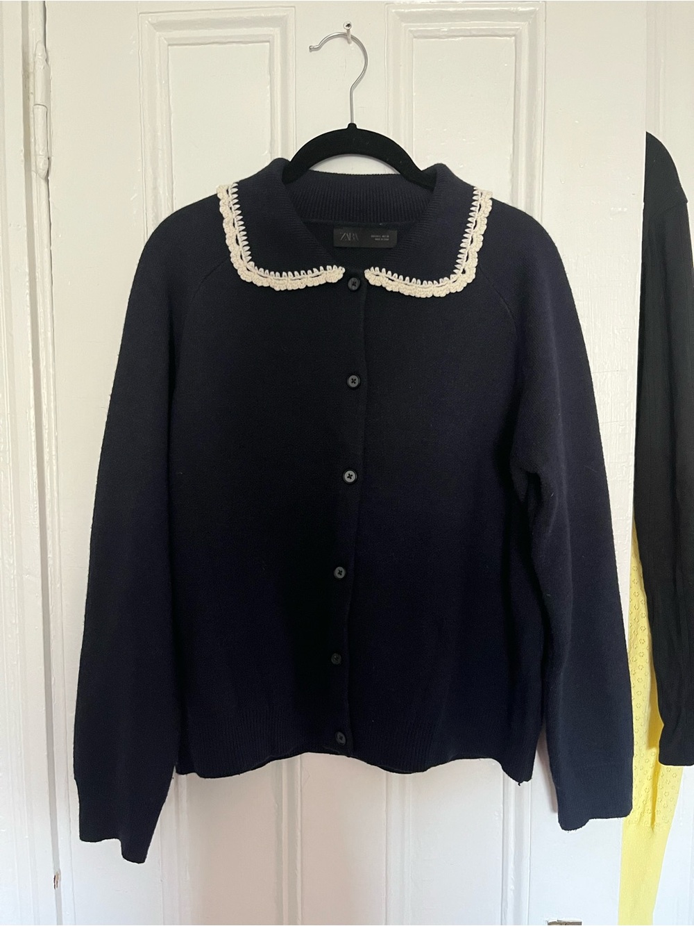 Zara Navy Cardigan with Cream Crochet Collar